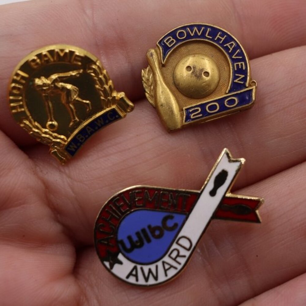 Vintage Bowling Award Enamel Pins Lot of 3 WIBC High Game Bowlhaven Achievement